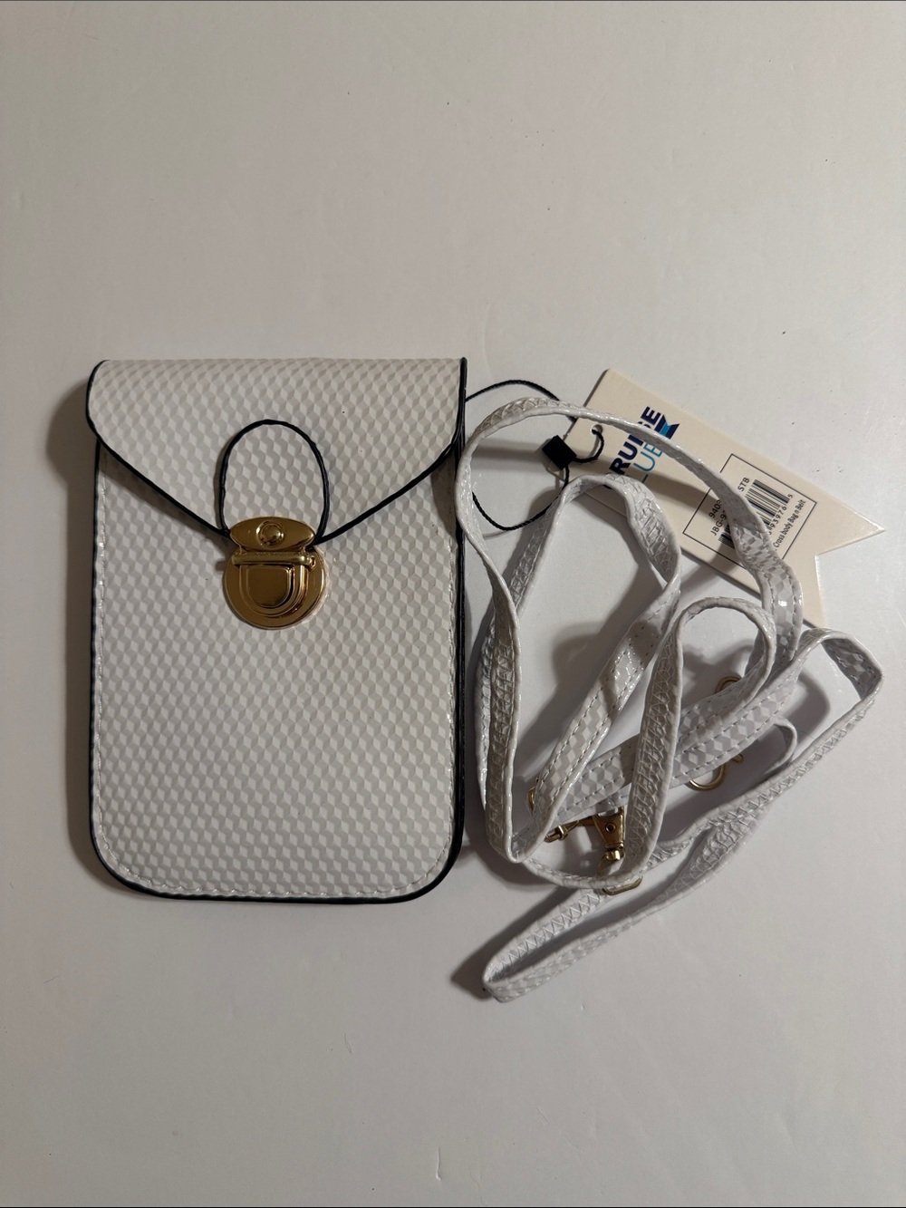 White Textured Crossbody Phone Pouch /Bag with Gold Hardware. 2 Compartments